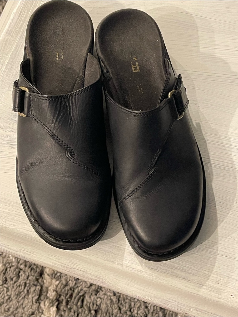 Clarks Black Leather Slip-On Clog with Buckle Detail - Women's